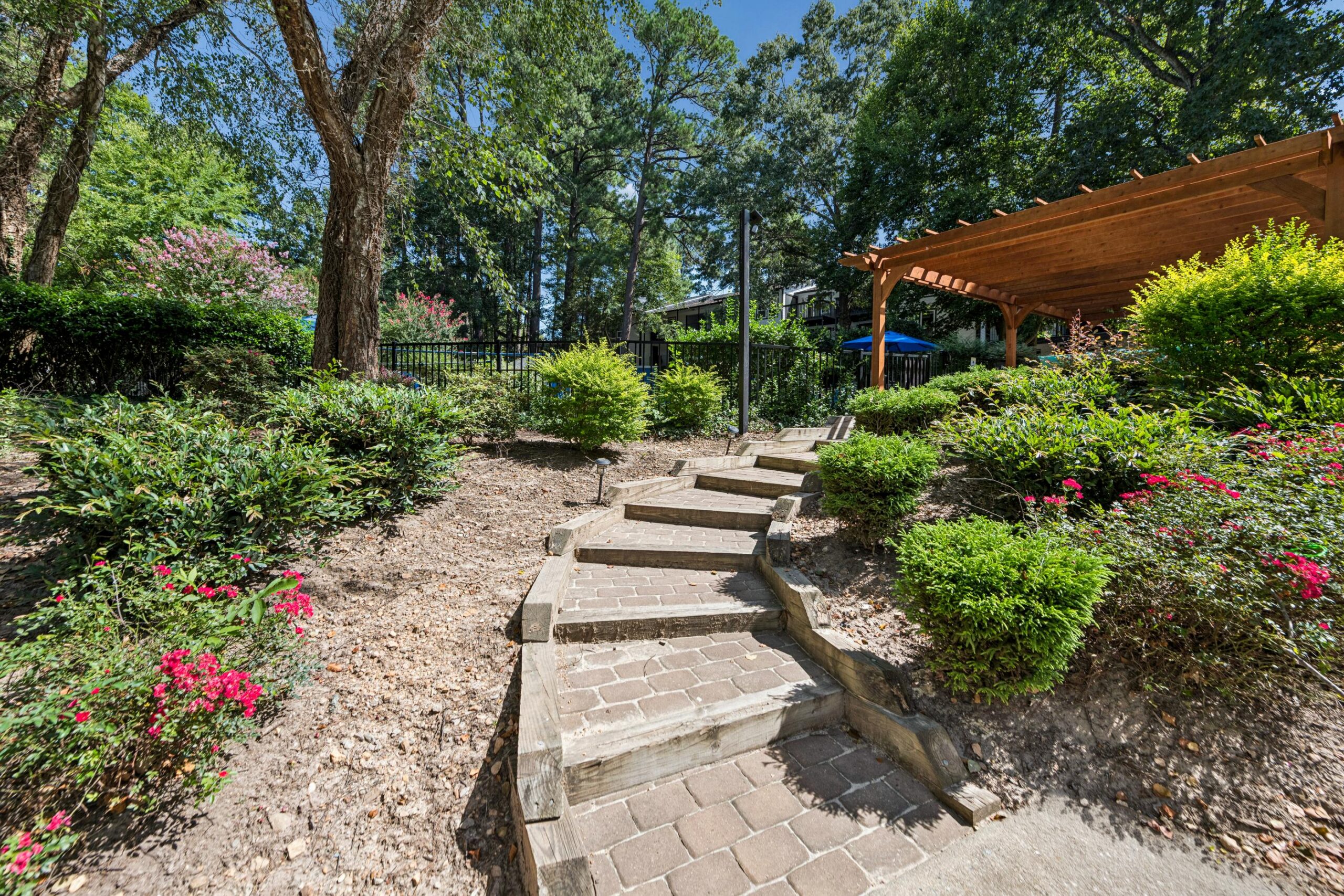 Stone steps with timber borders leading up a landscaped garden path toward a wooden pergola.