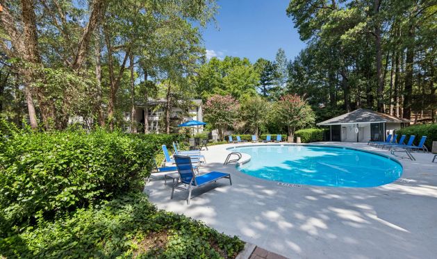 Swimming pool surrounded by lounge chairs and trees.